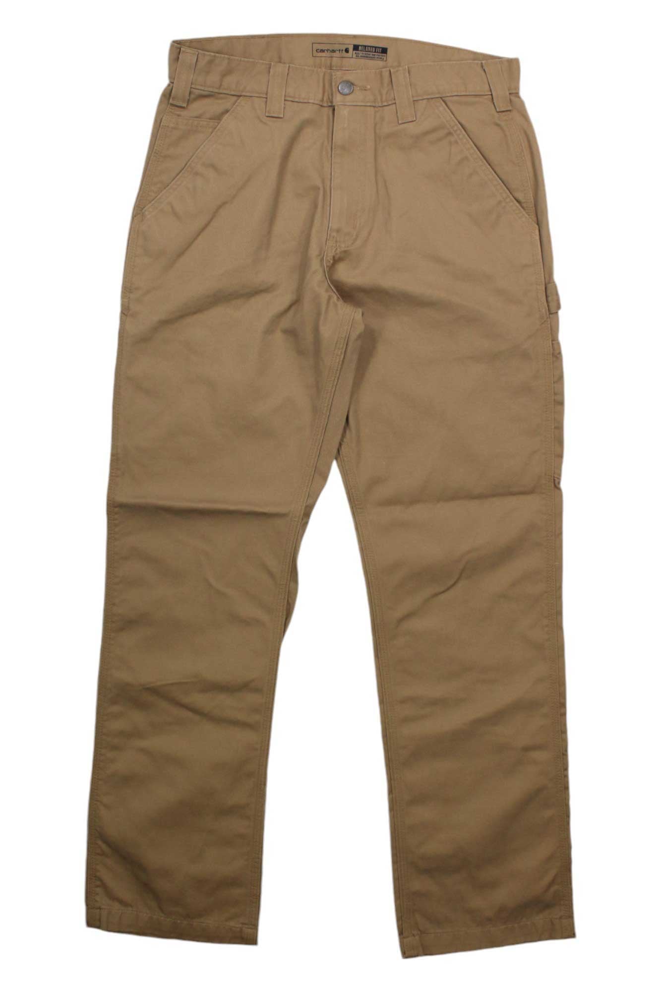 Carhartt Men's Washed Twill Dungaree Pant in tan khaki, featuring belt loops, front pockets, and a button closure—laid flat on a white background for durable workwear style.