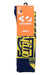 A pair of ThirtyTwo Signature Merino Socks in yellow and navy blue, featuring an orange label with size S/M and the slogan "Rider Driven Snowboarding." Made with antimicrobial spandex for slope-ready comfort.