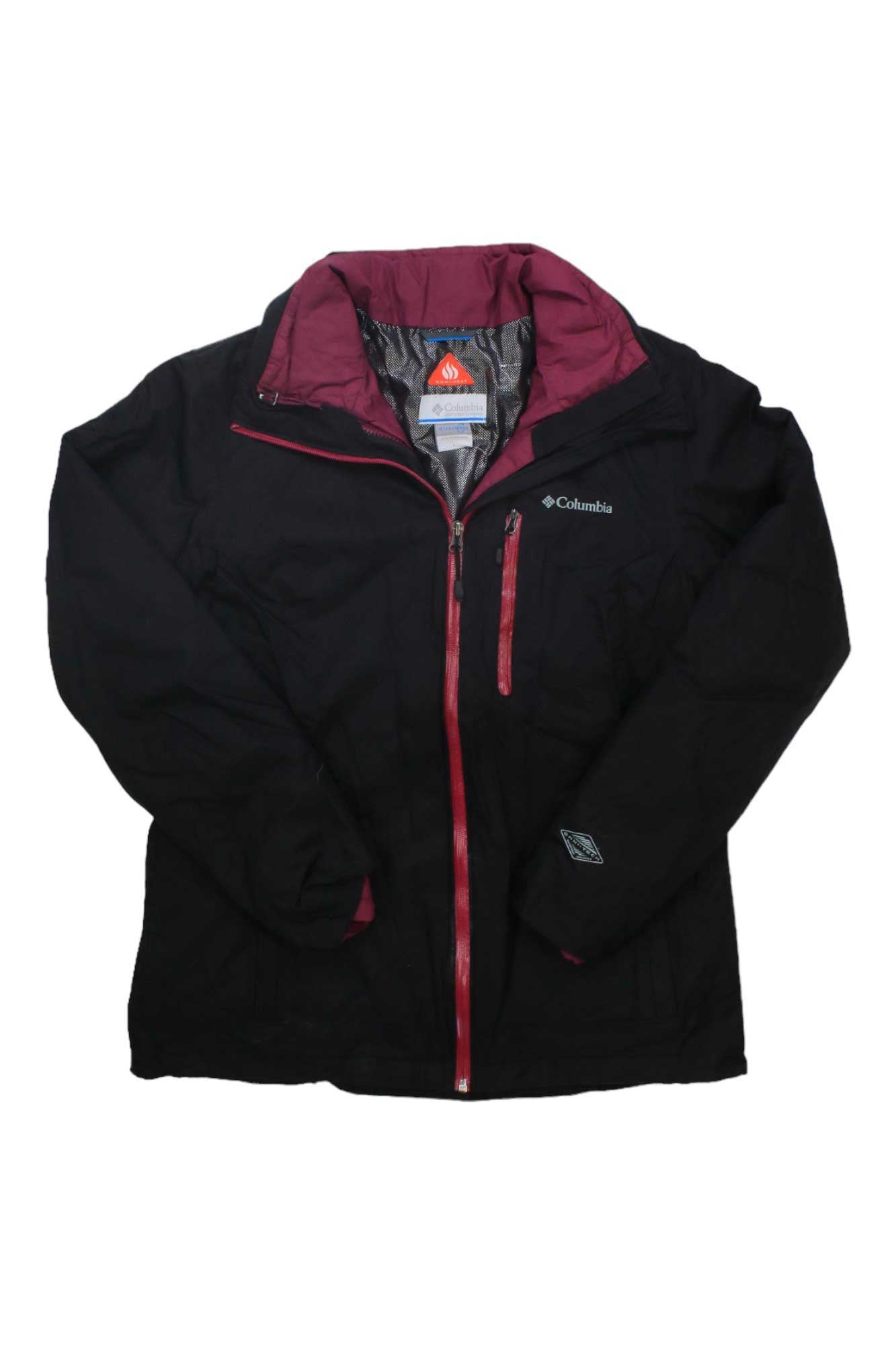 Men's Whirlbird insulated jacket, black with red zip and maroon hood lining