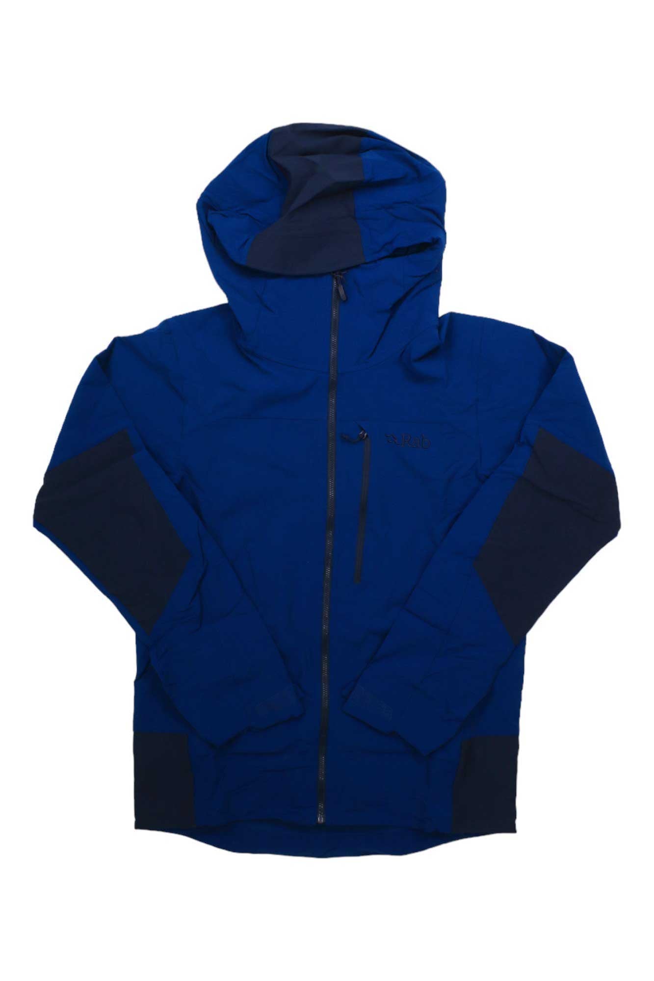 The Rab Mens Torque Jacket is a blue hiking jacket with a front zipper and black patches on the hood, sleeves, and cuffs, shown against a white background.