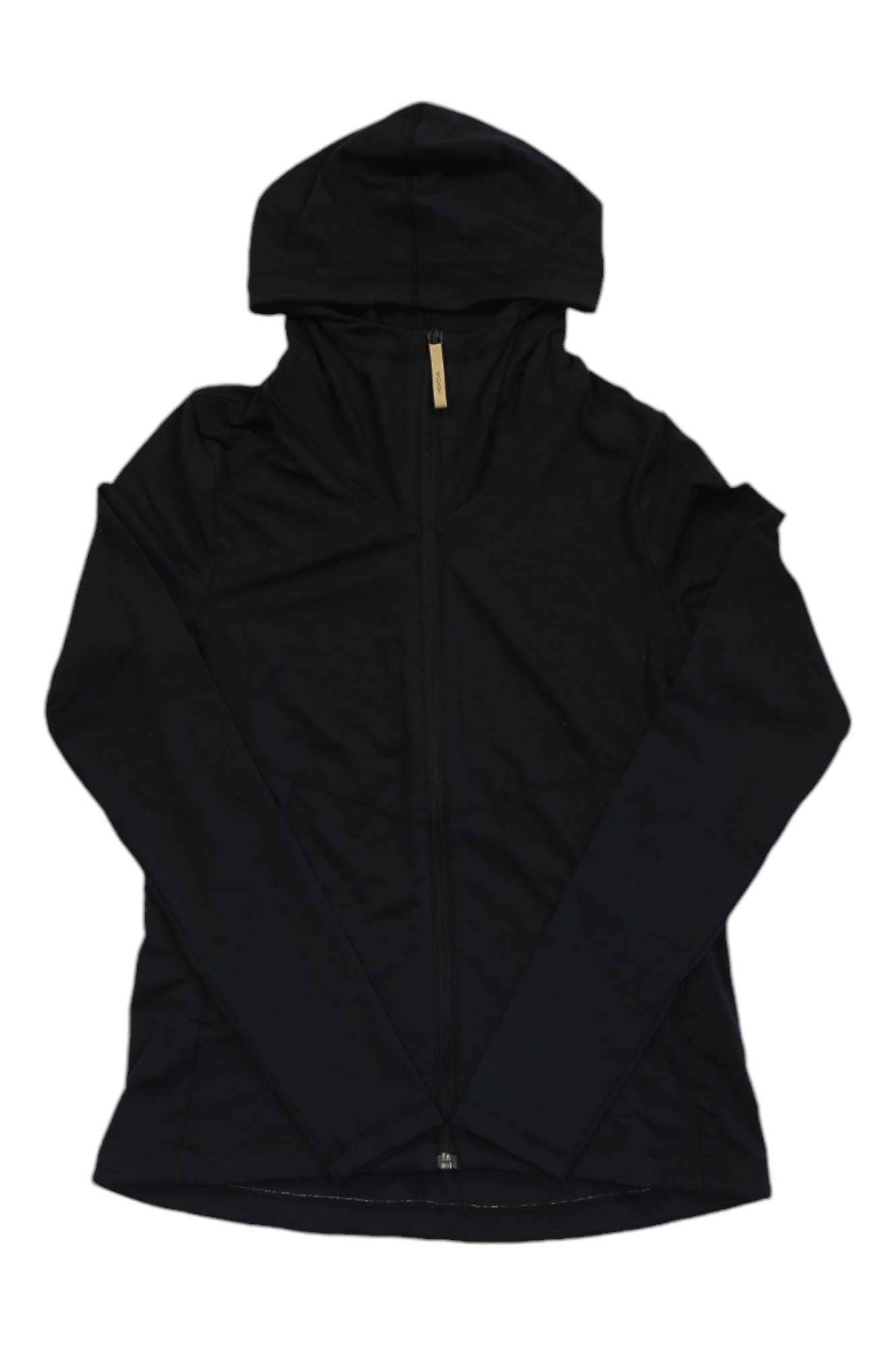 Indyeva Womens Secco Jersey—black hooded jacket with long sleeves, front zipper, and minimalistic design. Quick drying and moisture wicking properties. Shown laid flat on a white background.
