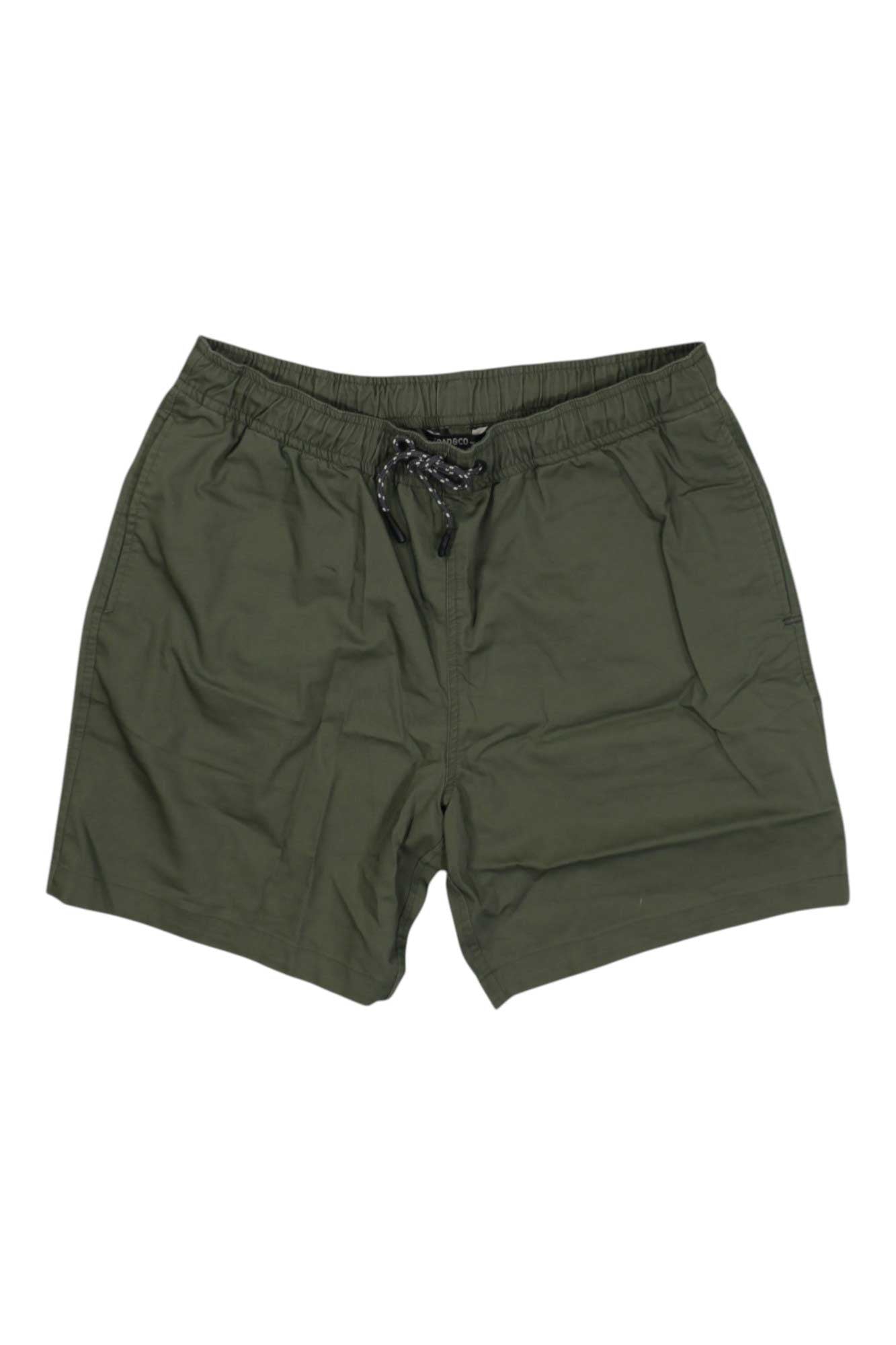 The Toad & Co Men's Boundless Pull On 7 Inch Short in olive green features organic cotton fabric, an elastic waistband with a black drawstring, and side pockets, shown laid flat on a white background.