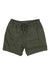 The Toad & Co Men's Boundless Pull On 7 Inch Short in olive green features organic cotton fabric, an elastic waistband with a black drawstring, and side pockets, shown laid flat on a white background.