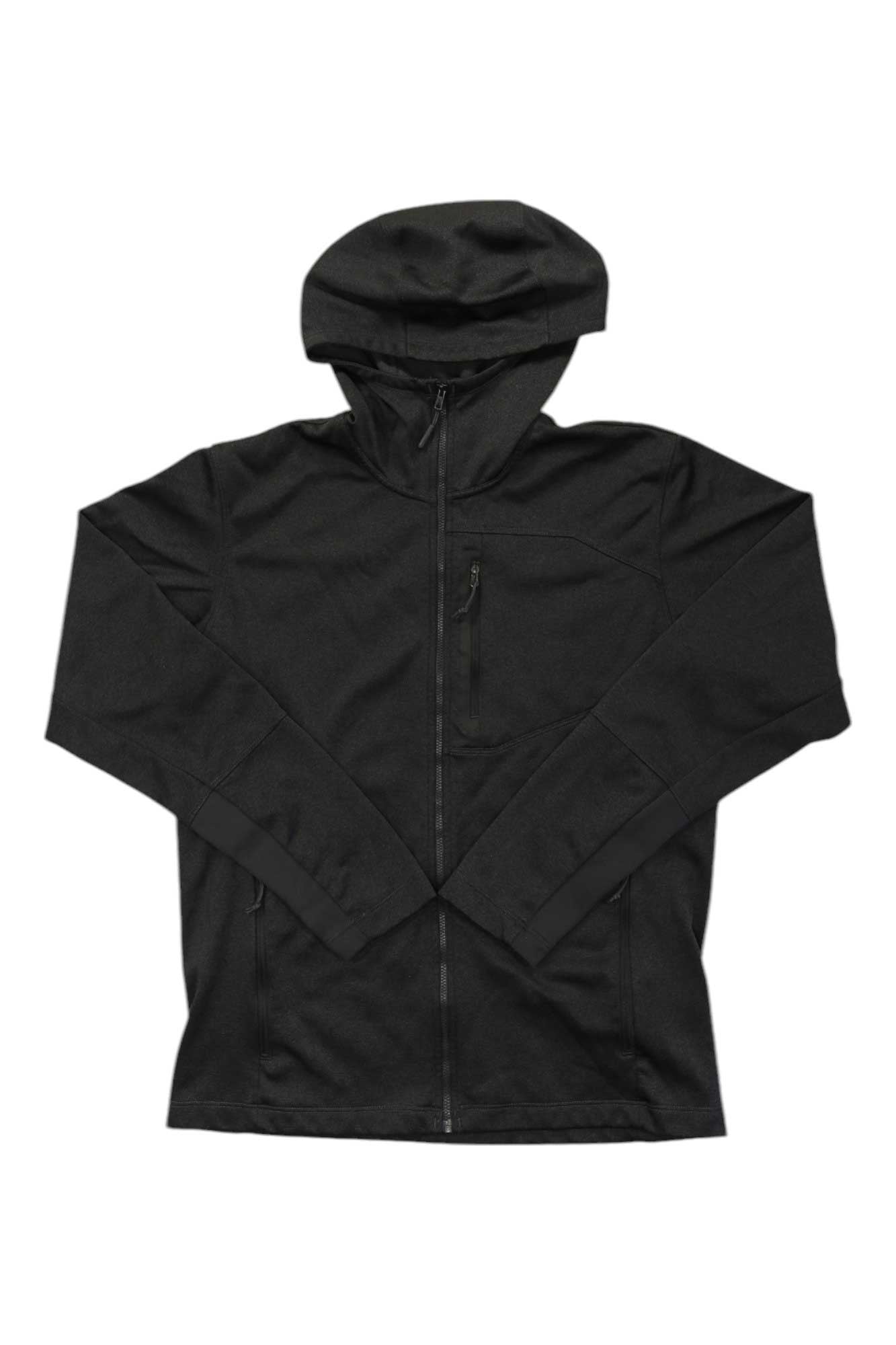 Men's full-zip hooded jacket, dark black, long sleeves, zip front and hood