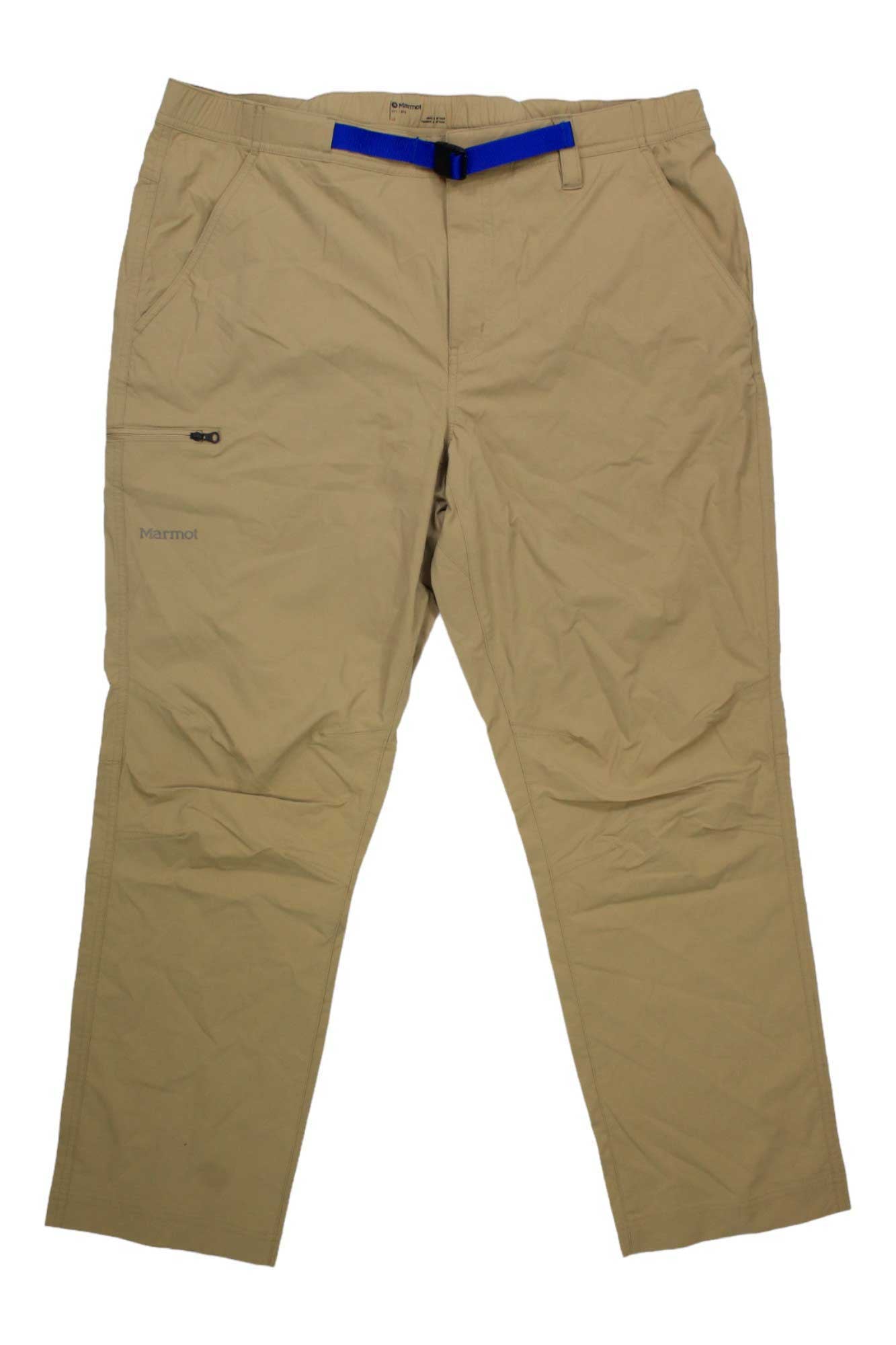 A pair of Marmot Men's Arch Rock Pant - Short in light brown, featuring a blue belt, zippered pockets, quick-drying fabric, and an embroidered logo on the left thigh, laid flat on a white background.