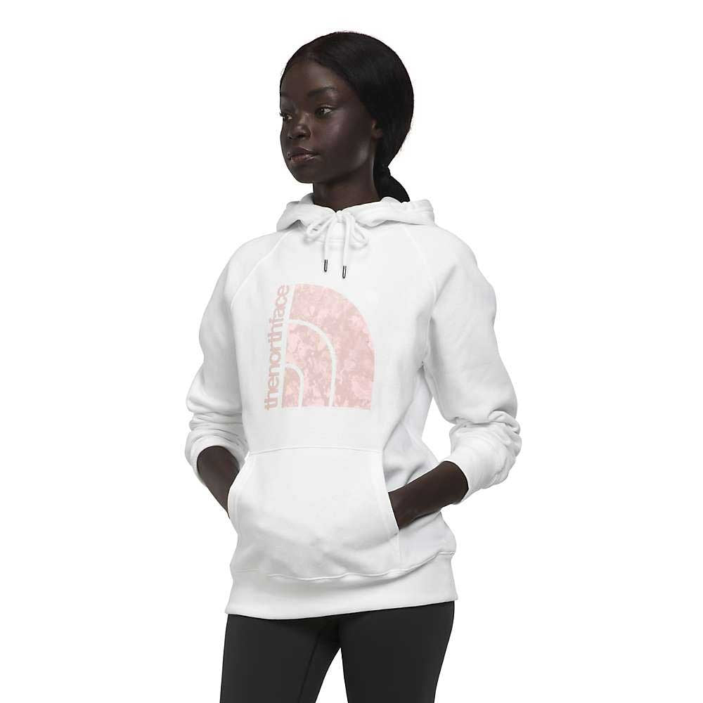 The North Face women's white pullover hoodie with pink graphic and kangaroo pocket