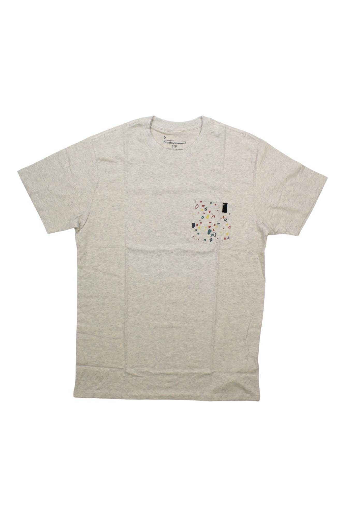 The Black Diamond Mens Pocket Square Tee is an organic cotton, light gray crew neck shirt with a relaxed fit and chest pocket featuring a colorful abstract design—ideal for climbing or casual everyday wear.