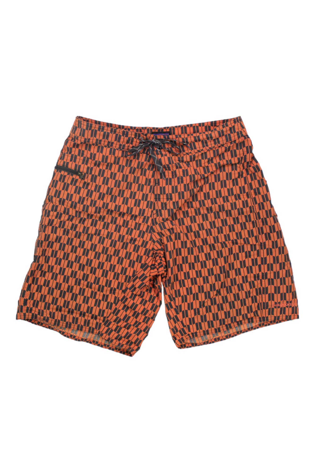 Men's wavefarer board shorts, orange geometric pattern, elastic waist and drawstring