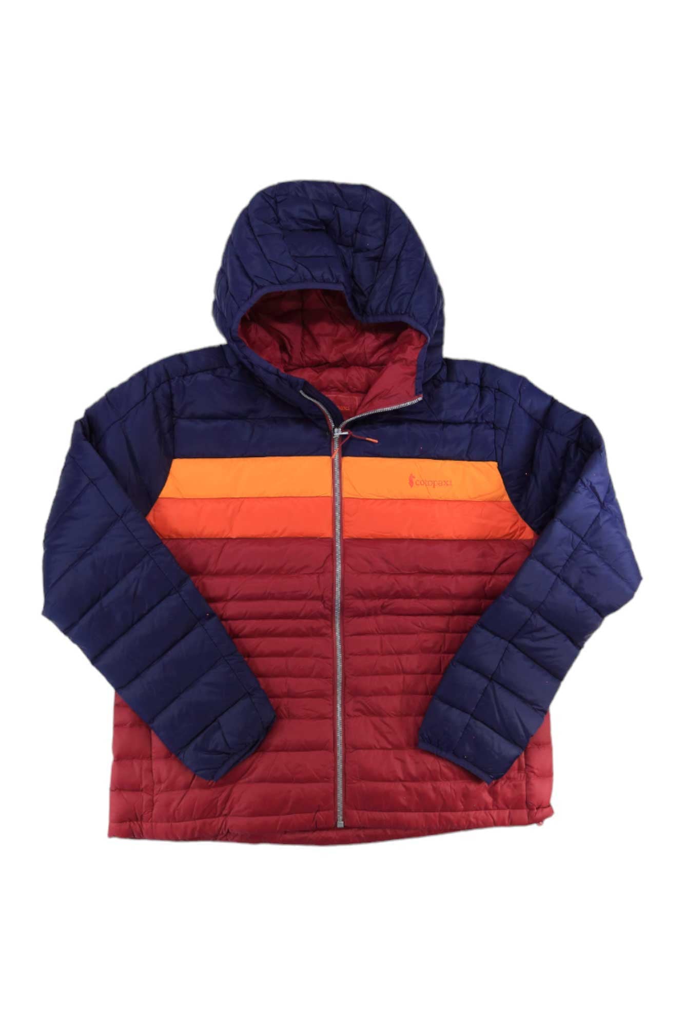 The Cotopaxi Women's Fuego Down Hooded Jacket features lightweight, responsibly-sourced down insulation, a front zipper, and a bold design with navy top/sleeves, orange and yellow chest stripes, and red lower body and arms.