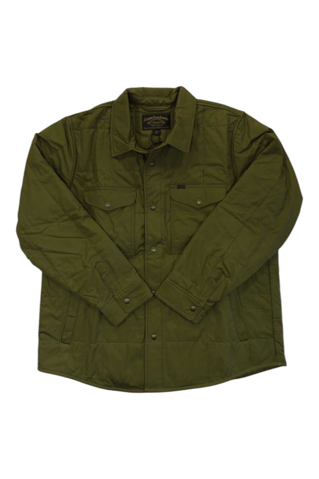 Men's olive quilted jac-shirt with stand collar, button front, and chest pocket