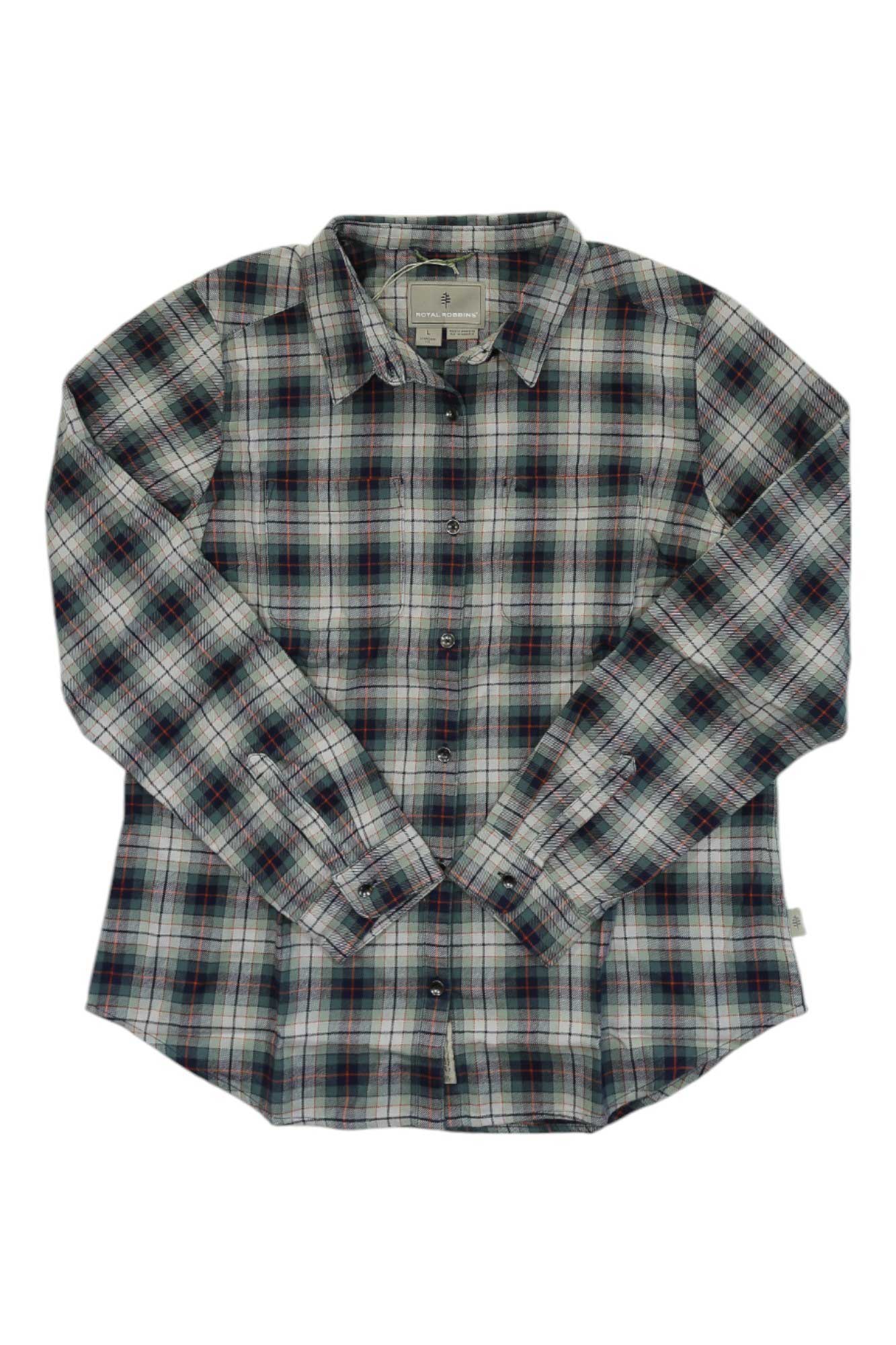Women's plaid flannel button-up shirt, long sleeves, dark teal and gray