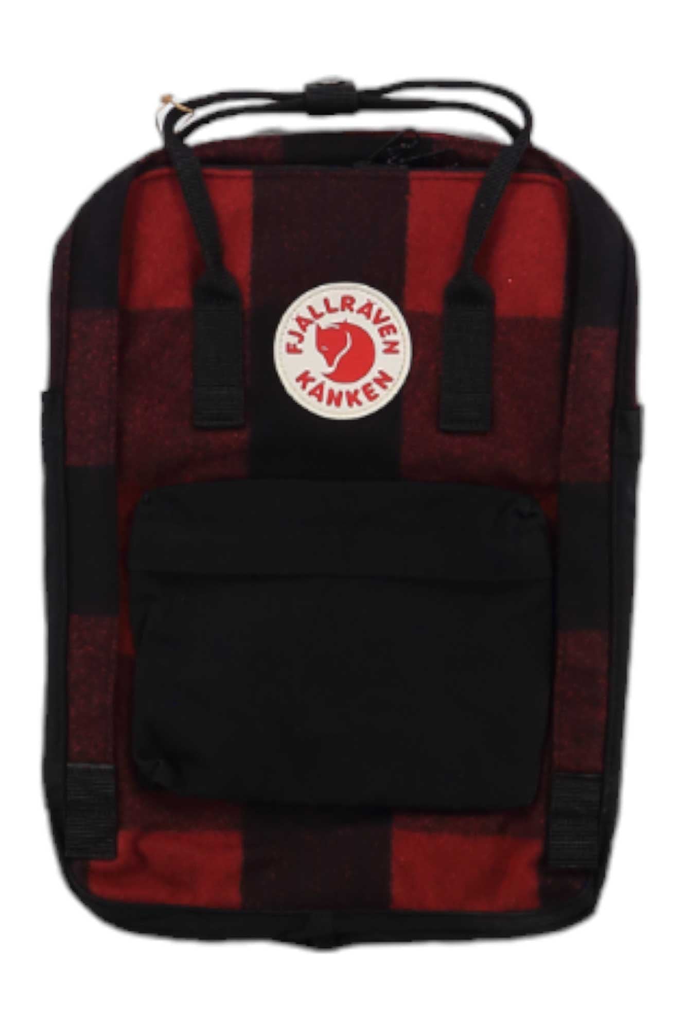 The Fjallraven Kanken Re-Wool Laptop 15 Inch Pack features a red and black check pattern, a front zipper pocket, circular white-red logo patch, fits 15-inch laptops, and is crafted from recycled wool.