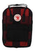 The Fjallraven Kanken Re-Wool Laptop 15 Inch Pack features a red and black check pattern, a front zipper pocket, circular white-red logo patch, fits 15-inch laptops, and is crafted from recycled wool.