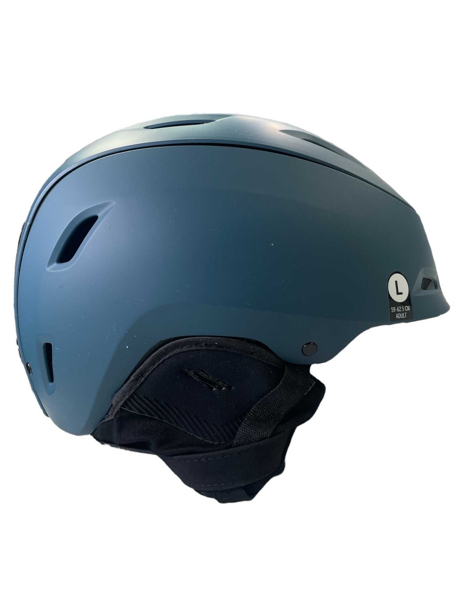 The Giro Range MIPS Snow Helmet in blue features black ear pads, a size "L" label on the back, multiple ventilation slots, and a smooth matte finish. Designed for safety and comfort, it includes advanced MIPS technology.