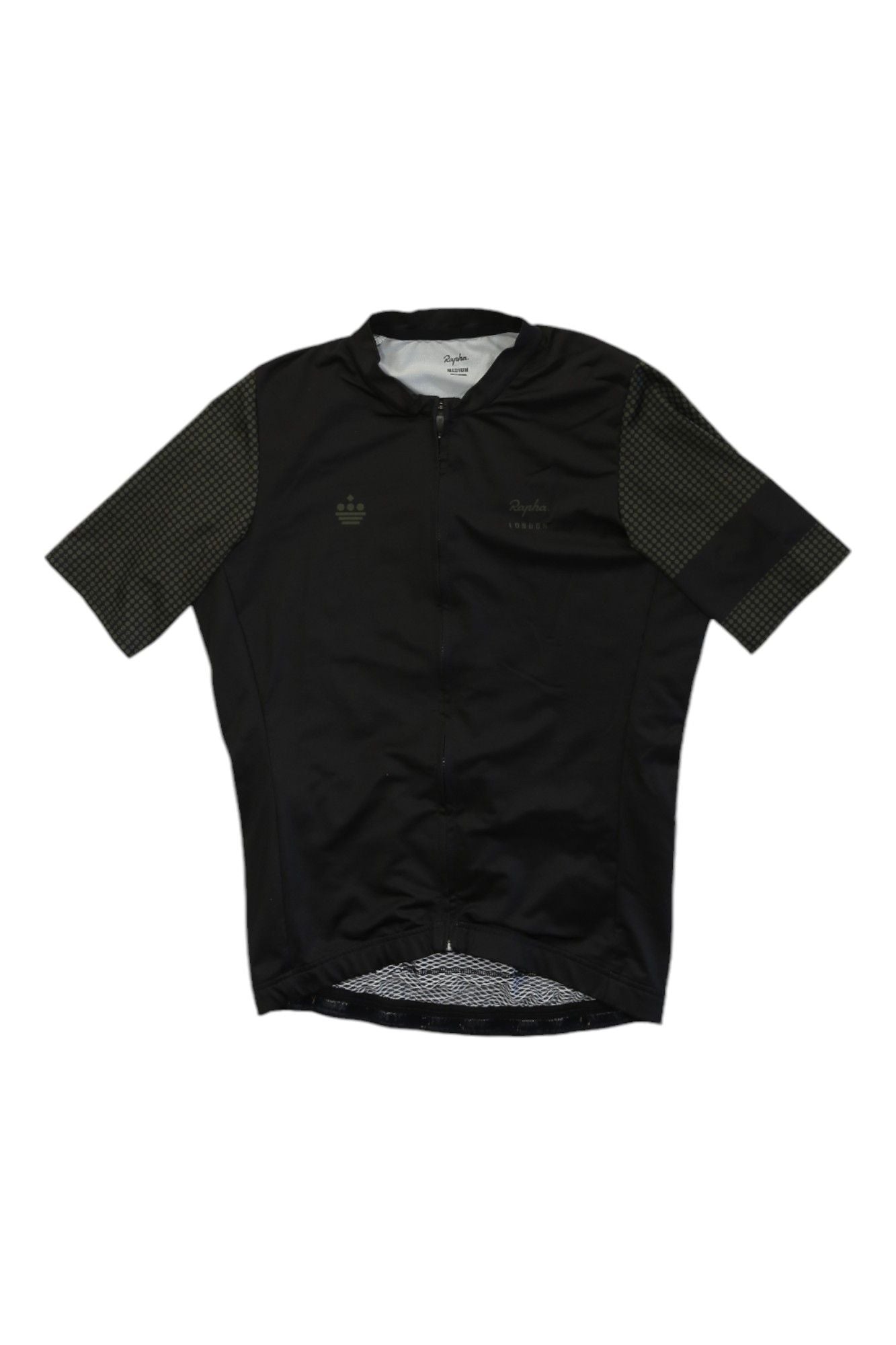 The Mens Pro Team Midweight Short Sleeve Jersey features a front zipper, black body, and dark green checkered sleeves. Shown on a white background, this Rapha men’s cycling jersey offers midweight comfort with short sleeves.