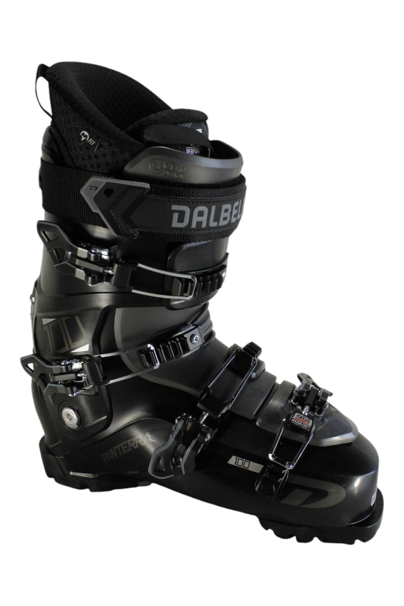 The Dalbello Panterra 100 GW Ms Men's Ski Boots for men feature a black design, multiple adjustment buckles, sturdy shell, padded upper cuff, and a responsive 100 flex ideal for alpine skiing.