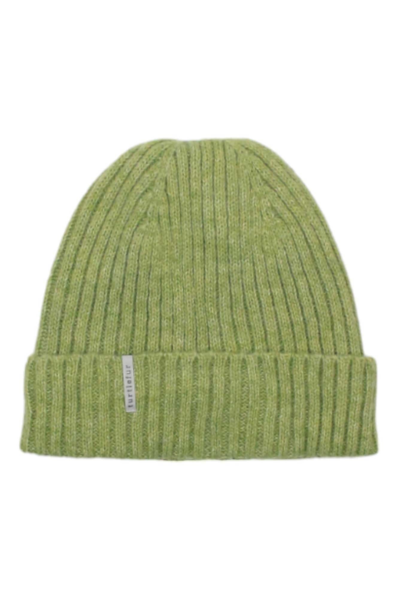 The Turtle Fur Women's Recycled Clara Beanie is a light green, ribbed knit hat with a folded brim, small white tag on the cuff, and fleece lining for extra warmth, shown on a plain white background.