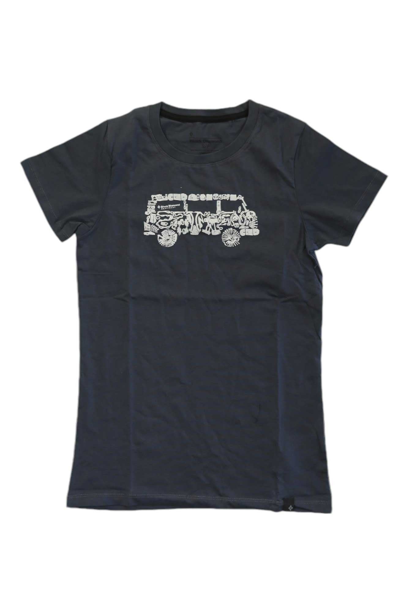 The Black Diamond Womens Vantastic Tee is a dark navy organic cotton shirt with a white outline of an off-road vehicle on the chest, shown laid flat on a white background.