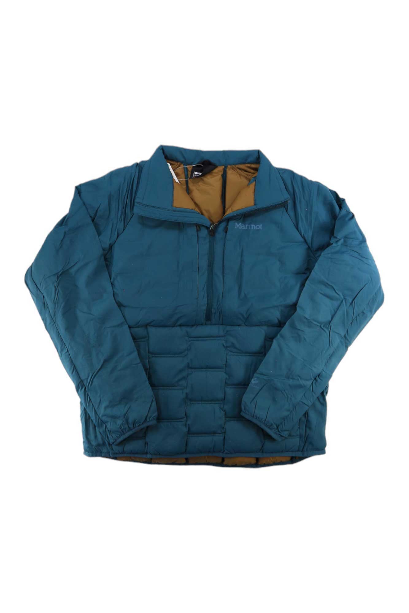 The Marmot Mens WarmCube Active Alt HB 1/2 Zip Jacket in teal blue features a half-zip front, front pocket, and brown lining, displayed laid flat on a white background.