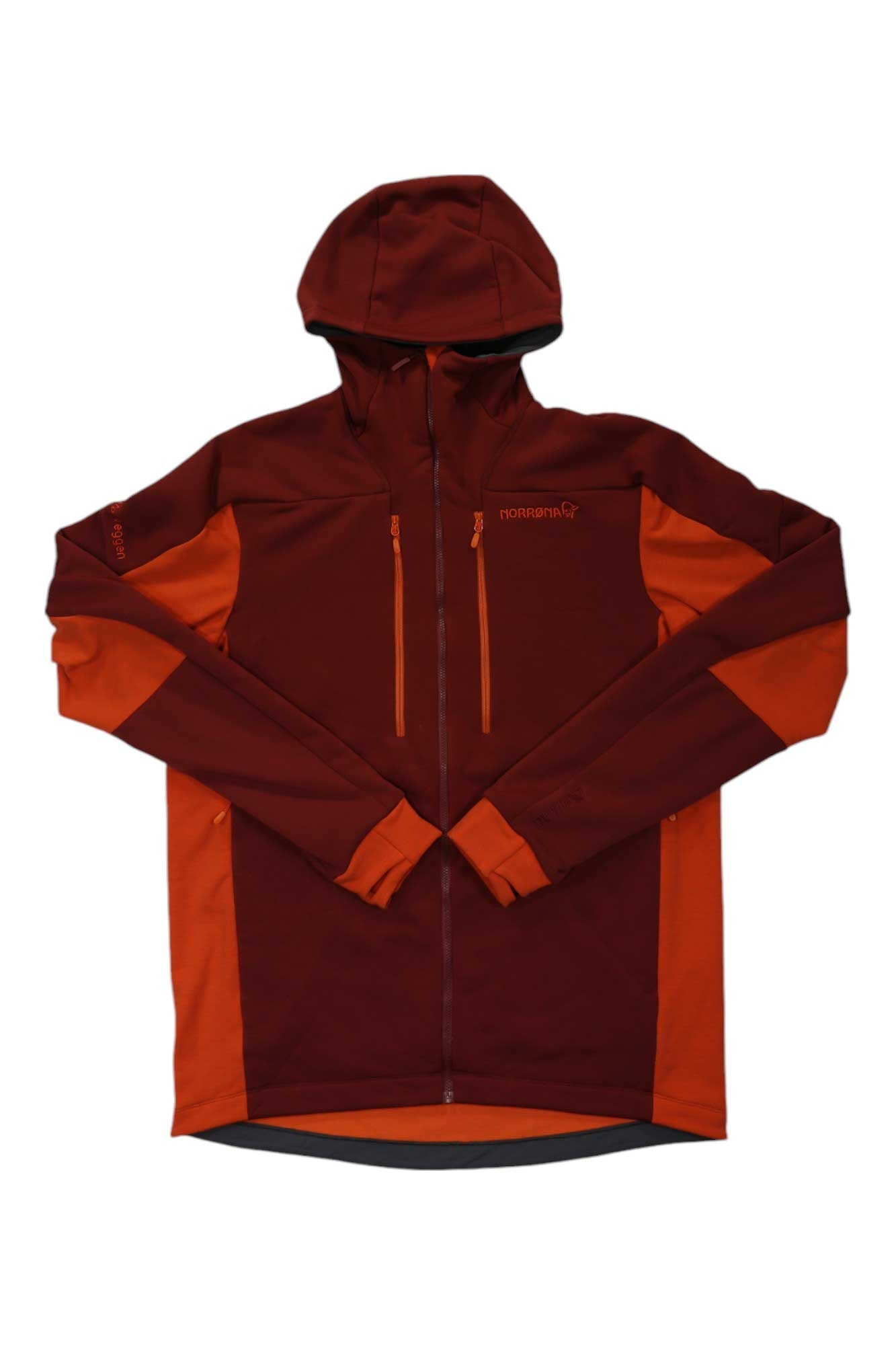 Men's Norrona Powerstretch zip hoodie, deep red with orange side panels and hood