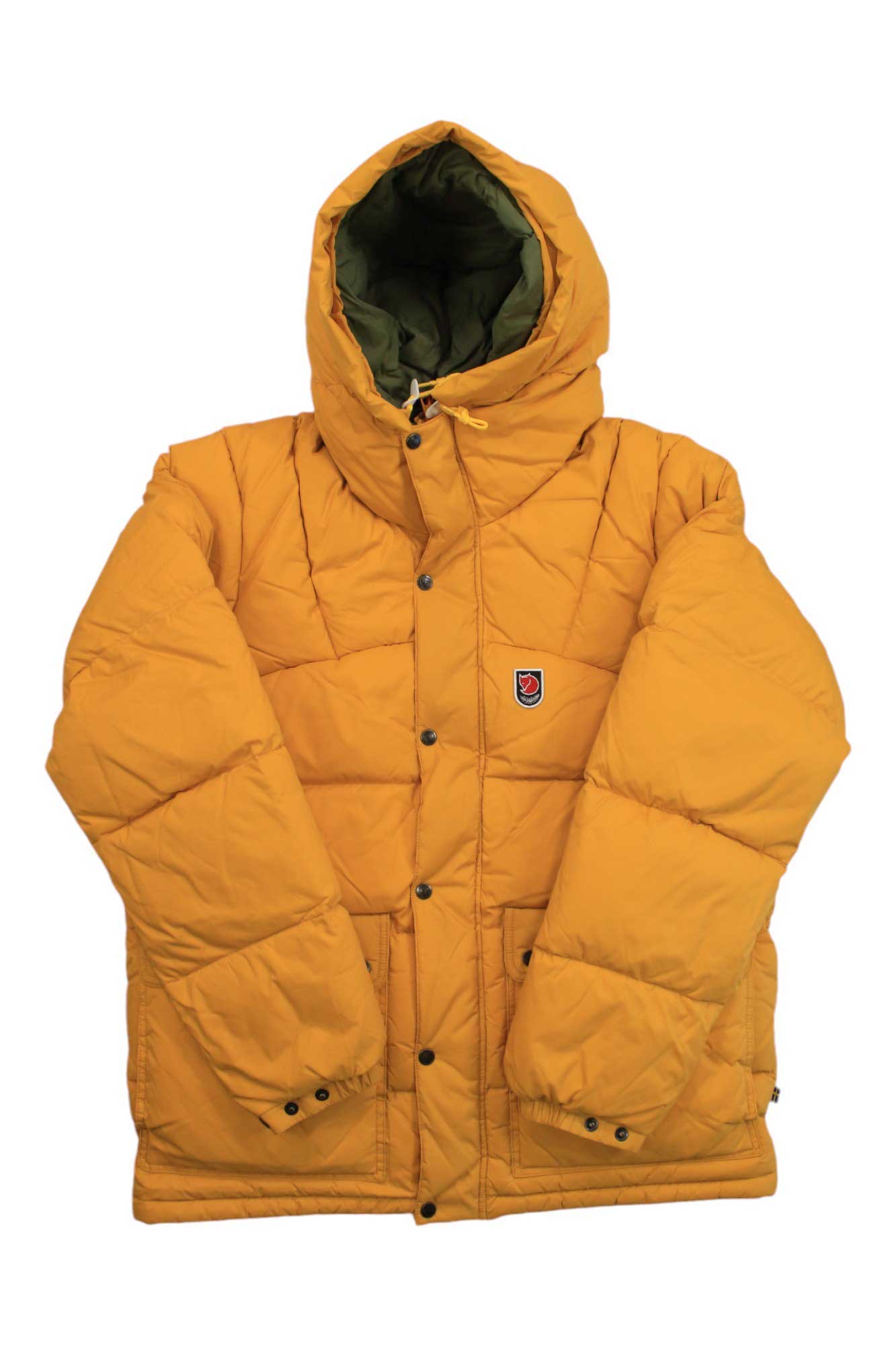 Mustard yellow hooded puffer jacket with button front, green lining, shield logo.