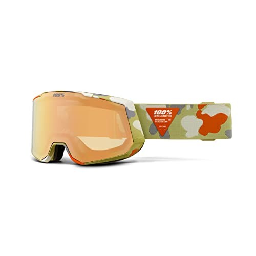 The 100% SNOWCRAFT XL HiPER Premium Protective Goggles feature a camouflage pattern, orange-tinted HiPER lens technology, and a wide strap with the “100%” logo in white on a red patch for top performance.