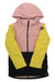 The Burton Girls Khione Jacket is a kids outdoor jacket with a pink upper, yellow sleeves, and black lower section, featuring a front zipper, chest pocket with flap, and a small logo patch on the left sleeve.