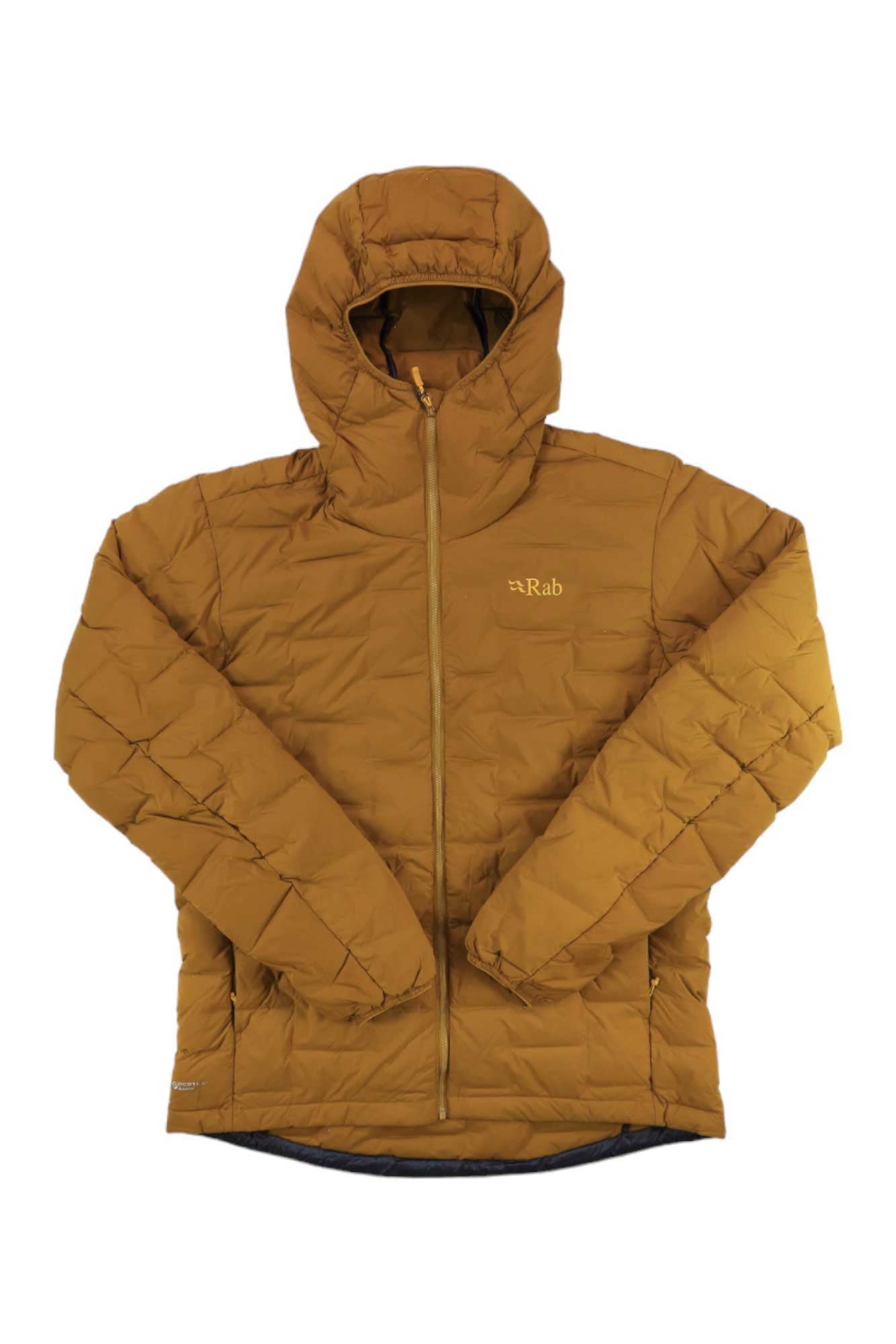 The Rab Mens Cubit Stretch Down Hoody in brown features a front zipper, quilted design, water-resistant hood, Rab logo on the left chest, side pockets, and an extended back hem for extra coverage.