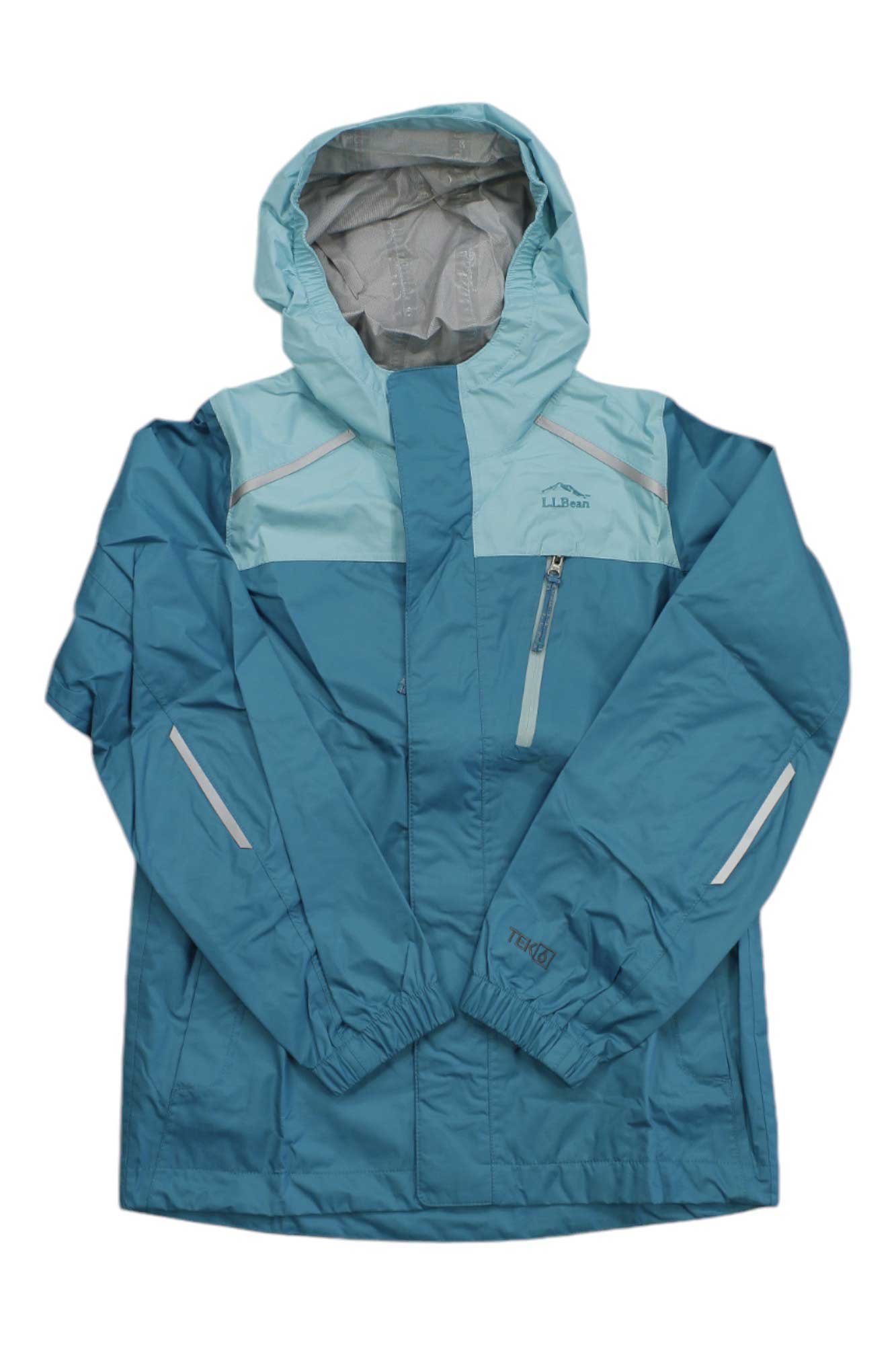 Kids color-block rain jacket, teal blue with light panels, hood, front zip, pocket