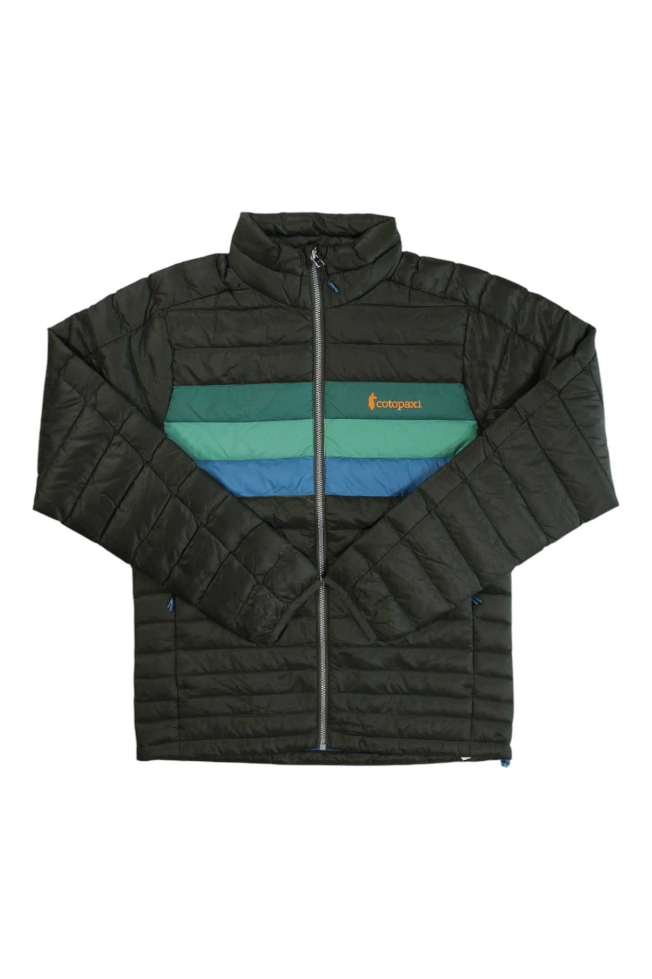 The Cotopaxi Mens Fuego Down Jacket is a black quilted jacket with horizontal teal, green, and blue stripes across the chest, a front zipper, and the Cotopaxi logo on the left chest.