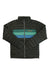 The Cotopaxi Mens Fuego Down Jacket is a black quilted jacket with horizontal teal, green, and blue stripes across the chest, a front zipper, and the Cotopaxi logo on the left chest.