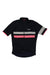 The Rapha Brevet Jersey II is a black, short-sleeve cycling jersey with a front zipper, pink, white, and gray chest stripes, "Rapha" on the left chest, and five pockets—ideal for long-distance rides.
