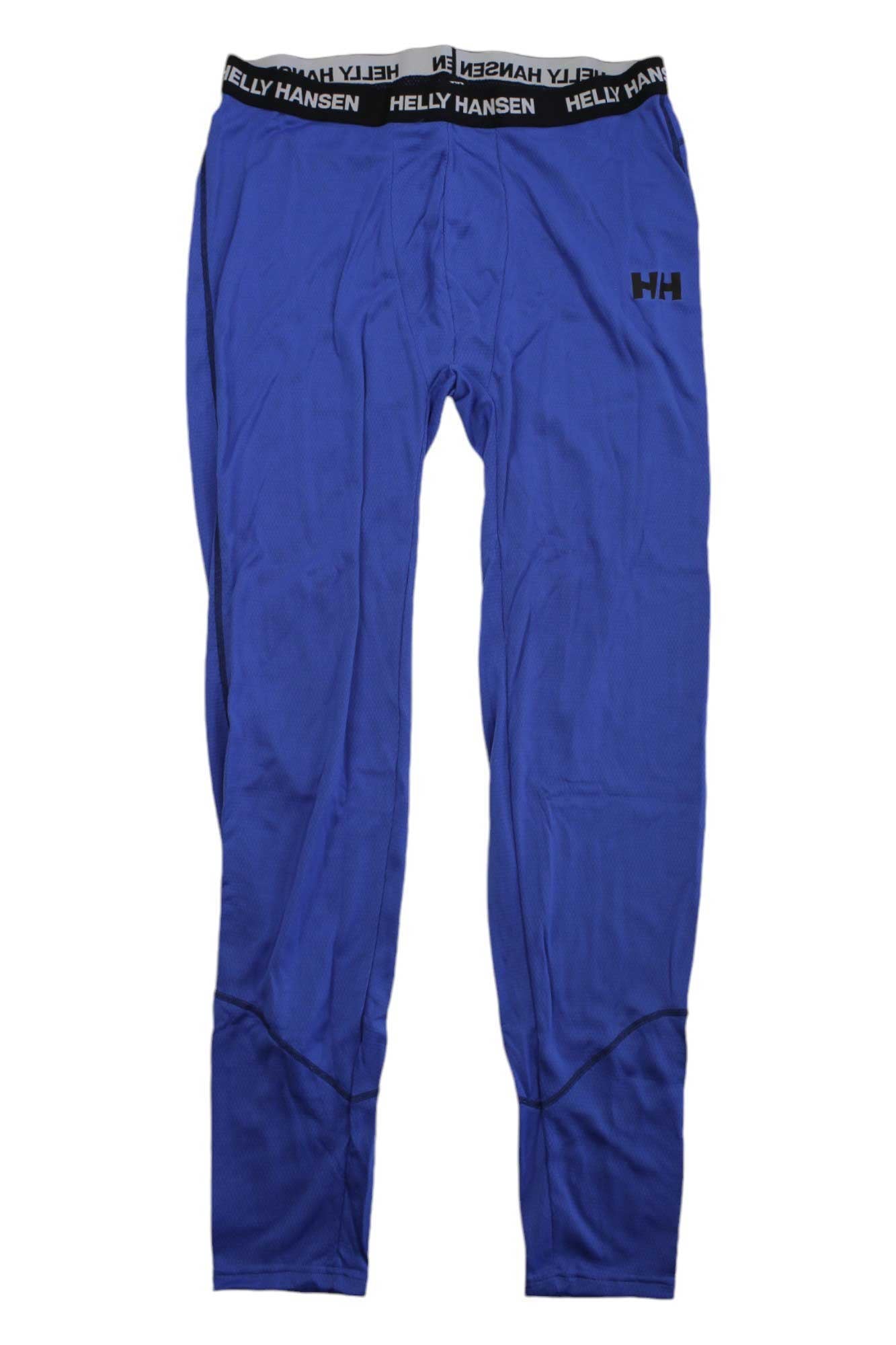 The Helly Hansen Mens Lifa Active Pant is a blue base layer with an elastic waistband, featuring the Helly Hansen logo and HH branding. It’s designed for moisture wicking and is ideal as alpine or mountaineering pants.