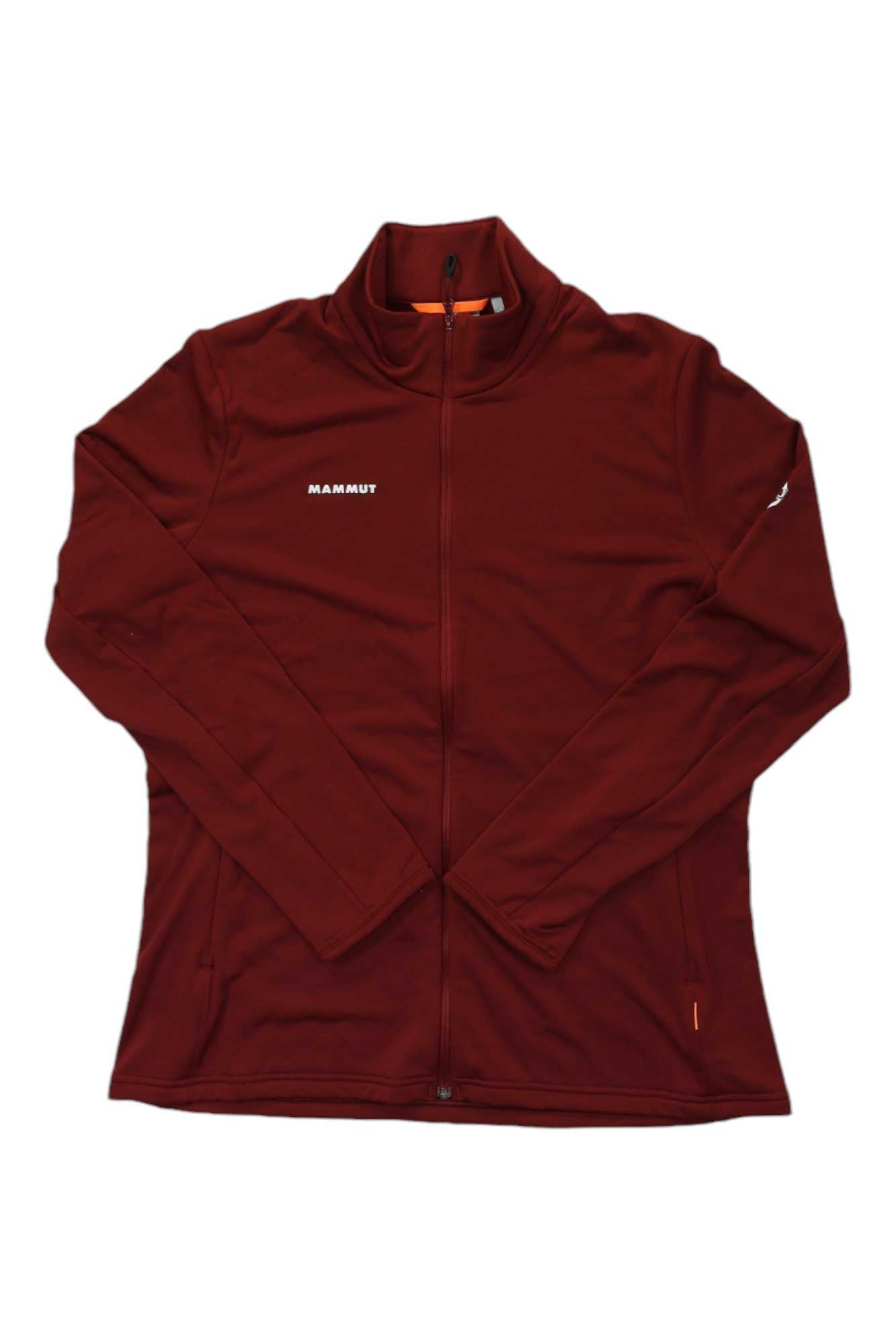 The Mammut Womens Aconcagua Light ML Jacket, shown in maroon and laid flat on a white background, features long sleeves, lightweight insulation, a stand-up collar, and a chest logo. Made from recycled polyester for comfort and sustainability.