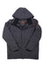 The Obermeyer Mens Ridgeline Jacket is a gray insulated ski jacket made with recycled materials, featuring a front zipper, two side pockets, and a brown patch on the left upper sleeve, shown laid flat on a white background.