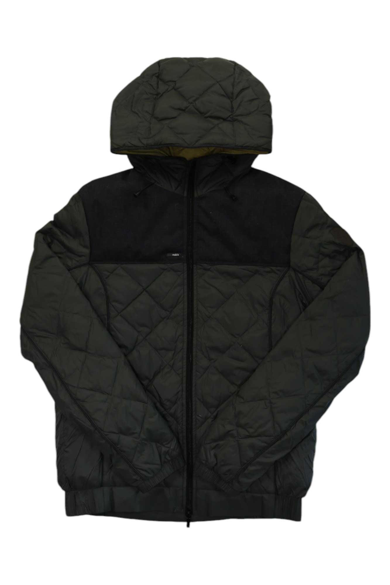 The Nobis Mens Elroy Quilted Hooded Jacket is dark green with black accents, diamond-pattern stitching, a front zipper, elastic cuffs, and a hood. This waterproof jacket combines style and function for any weather.