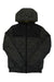 The Nobis Mens Elroy Quilted Hooded Jacket is dark green with black accents, diamond-pattern stitching, a front zipper, elastic cuffs, and a hood. This waterproof jacket combines style and function for any weather.