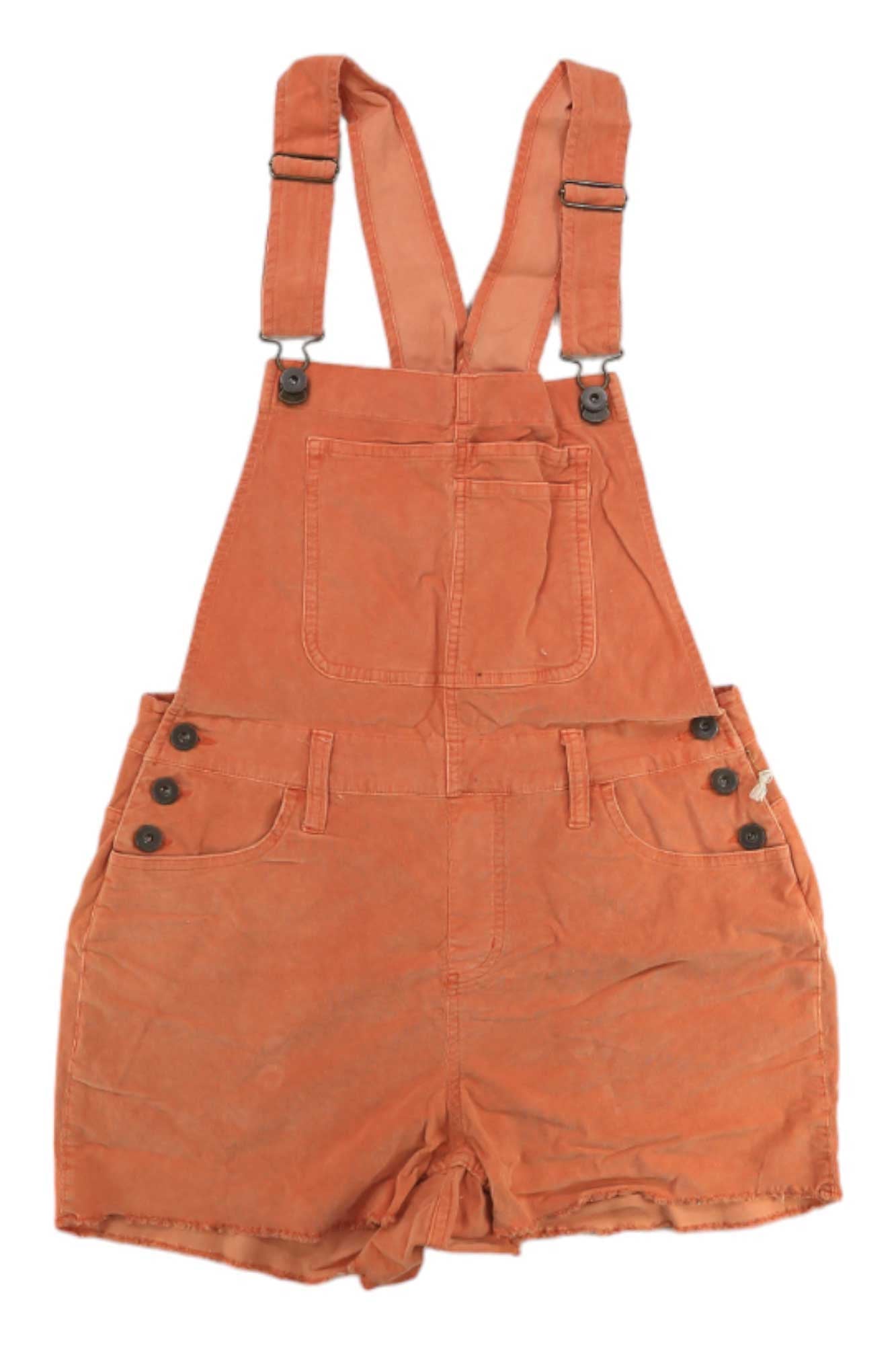 Carve Designs Womens Jason Overall Short in orange denim, made from organic cotton, features adjustable shoulder straps, front chest pocket, side buttons, and two front pockets. Shown laid flat on a white background.