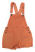 Carve Designs Womens Jason Overall Short in orange denim, made from organic cotton, features adjustable shoulder straps, front chest pocket, side buttons, and two front pockets. Shown laid flat on a white background.