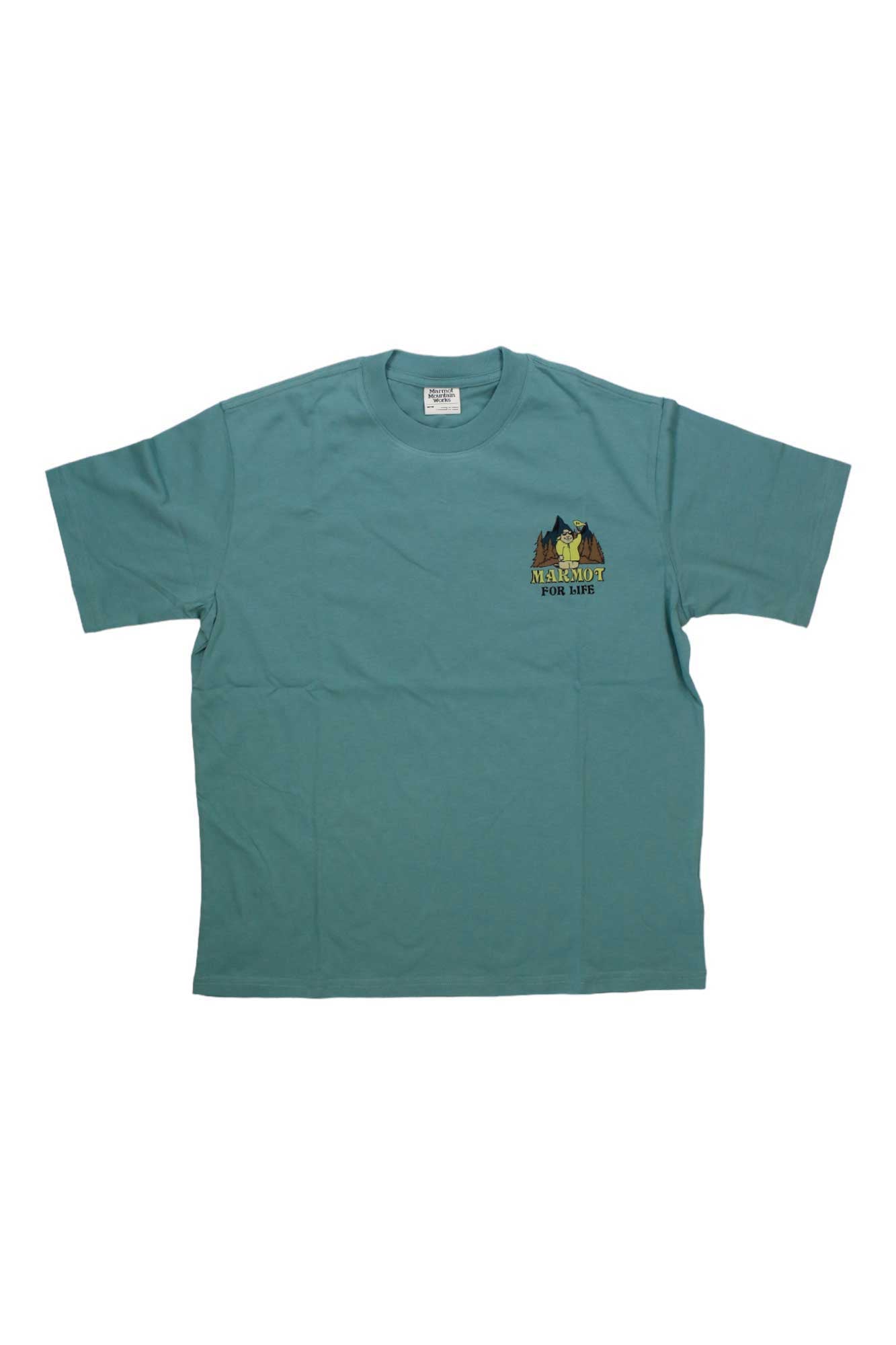 The Marmot Women's Outdoor Marty SS Tee is a teal short-sleeve shirt featuring a small graphic and "VERSCOUT FOR SUPS" text on the left chest, laid flat on a white background.