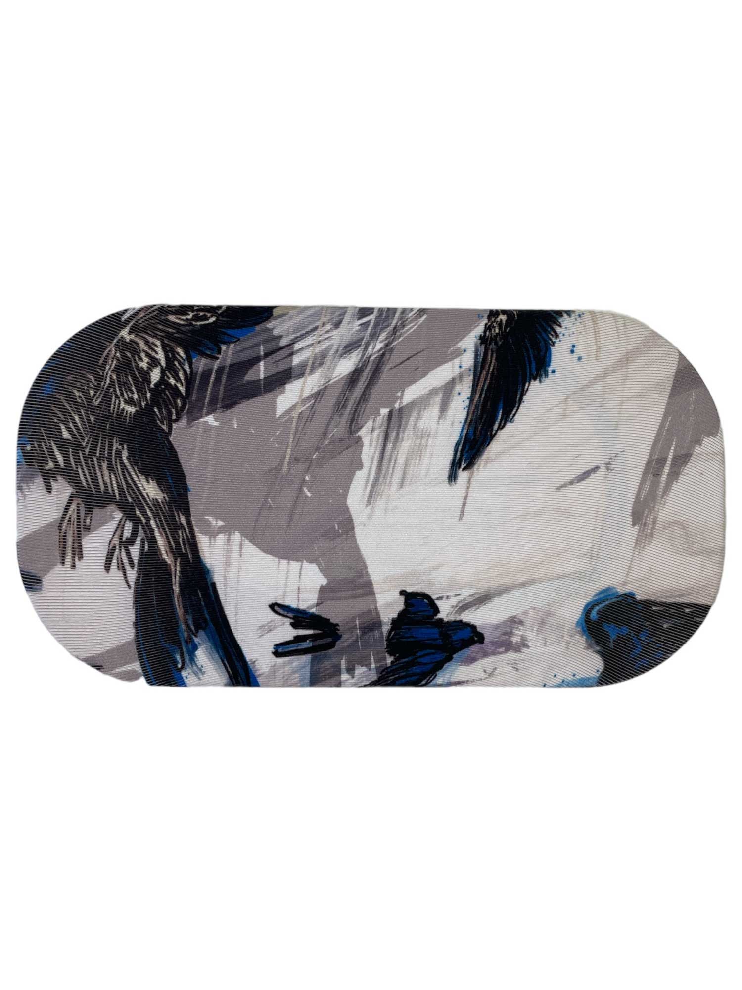 The GoggleSoc Protective Goggle Cover features abstract black, gray, and blue artwork with bird-like shapes and dynamic brush strokes, crafted from eco-friendly materials for stylish protection.