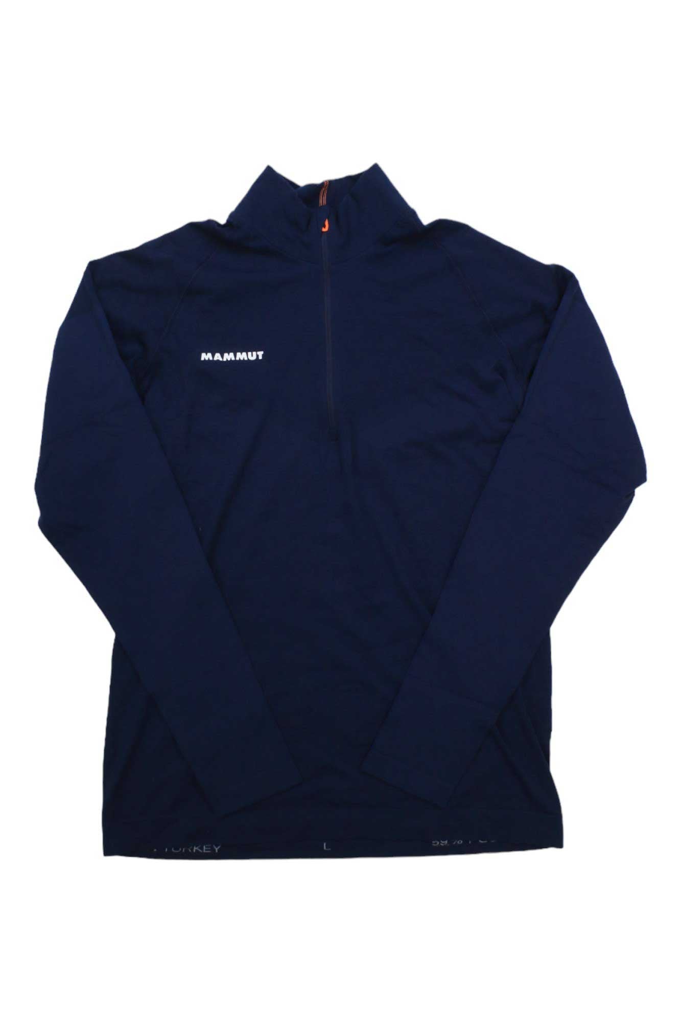 The Mammut Mens Trift Half Zip Longsleeve Shirt is a navy Merino wool pullover with a stand-up collar, half-zip front, and Mammut logo on the left chest, shown laid flat on a white background.