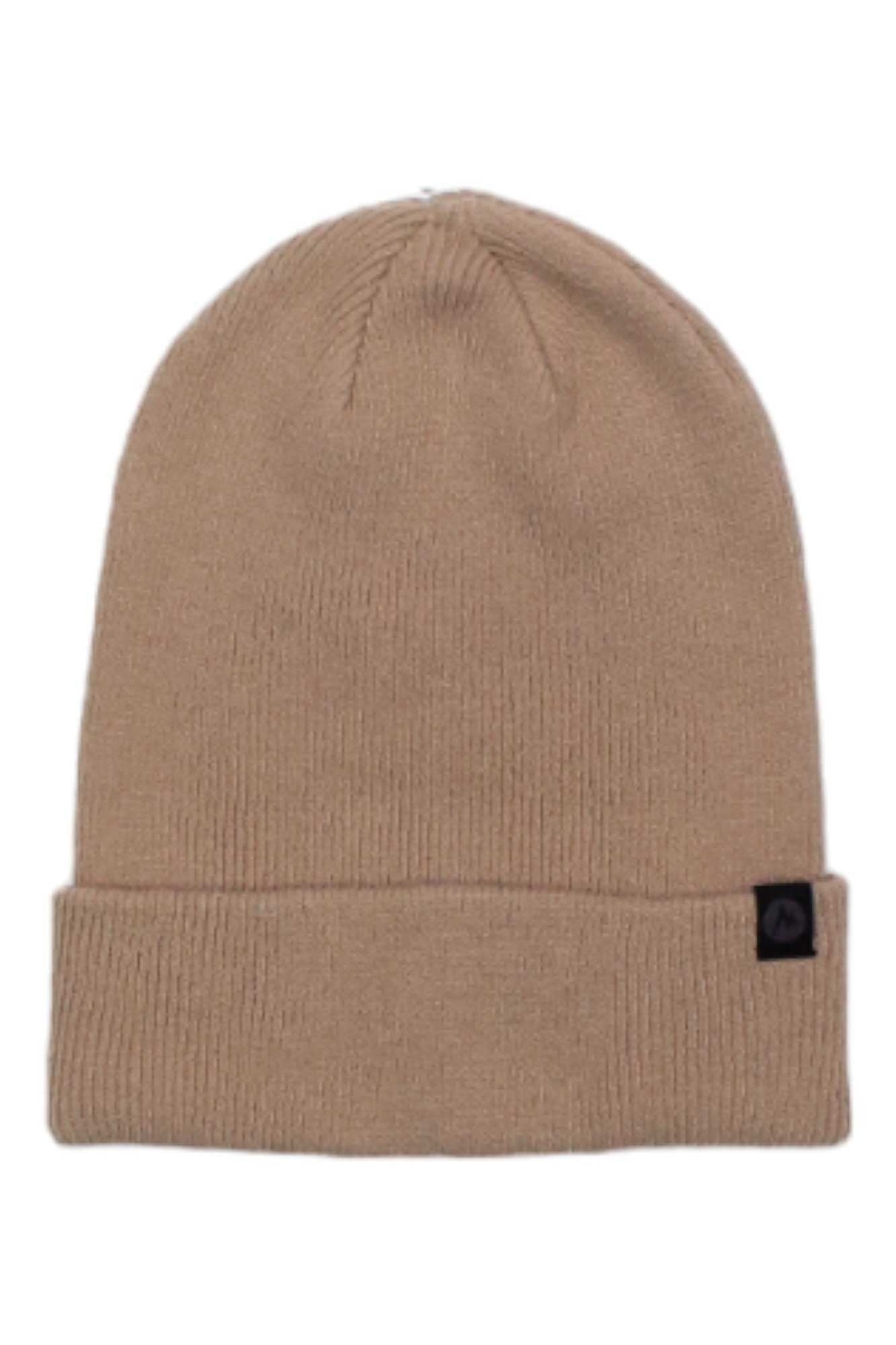 The Marmot Steephollow Beanie is a plain, light brown recycled polyester beanie with a folded brim and a small black rectangular tag on the front left side—ideal for casual travel.