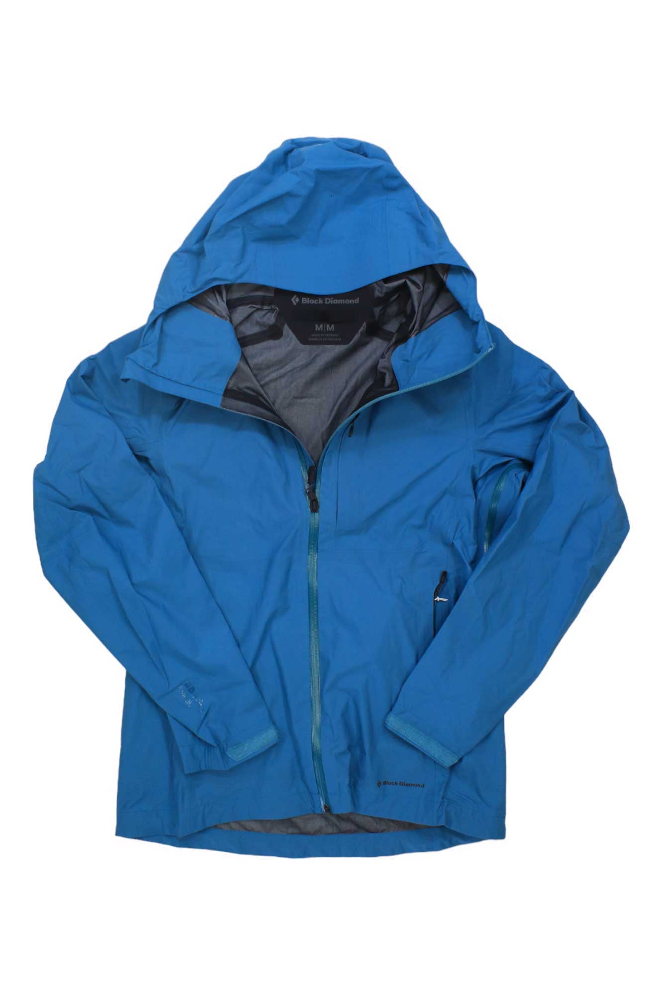 The Black Diamond Women's Highline Stretch Shell Jacket is a blue, hooded shell with long sleeves, front zipper, high collar, and PFC-free DWR for waterproof breathability. Shown laid flat on a white background.