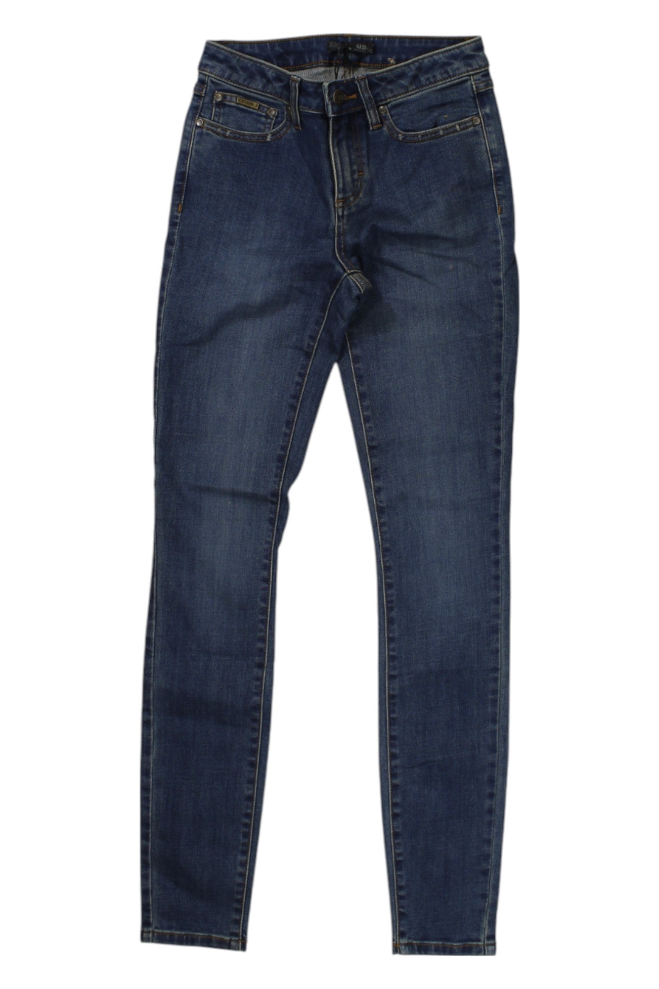 Prana Womens Sienna Jeans in dark blue denim feature front and back pockets, a button and zip closure, and subtle fading on the legs. Shown laid flat on a white background.