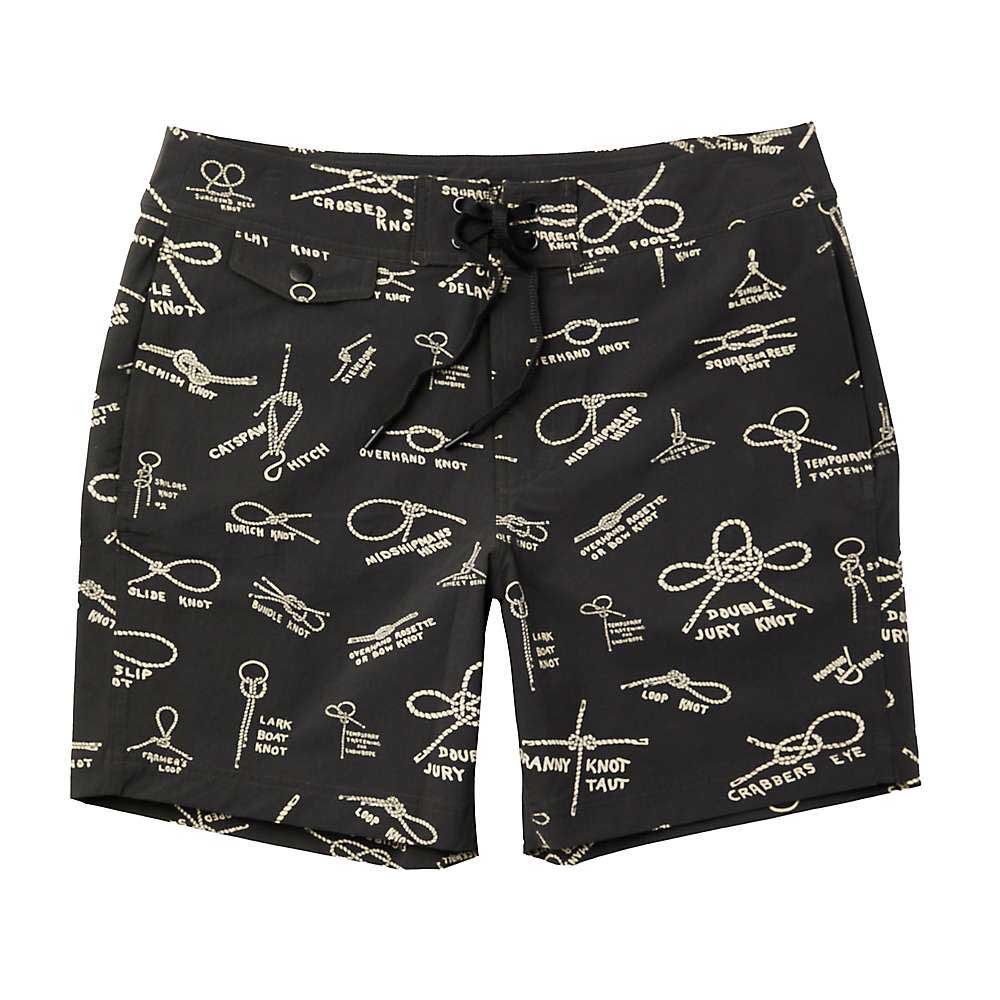 The Filson Mens Glacier Bay Trunk are black fishing shorts with an all-over white print of illustrated knots, including “Square Knot” and “Bowline,” plus a drawstring waistband—ideal outdoor board shorts.