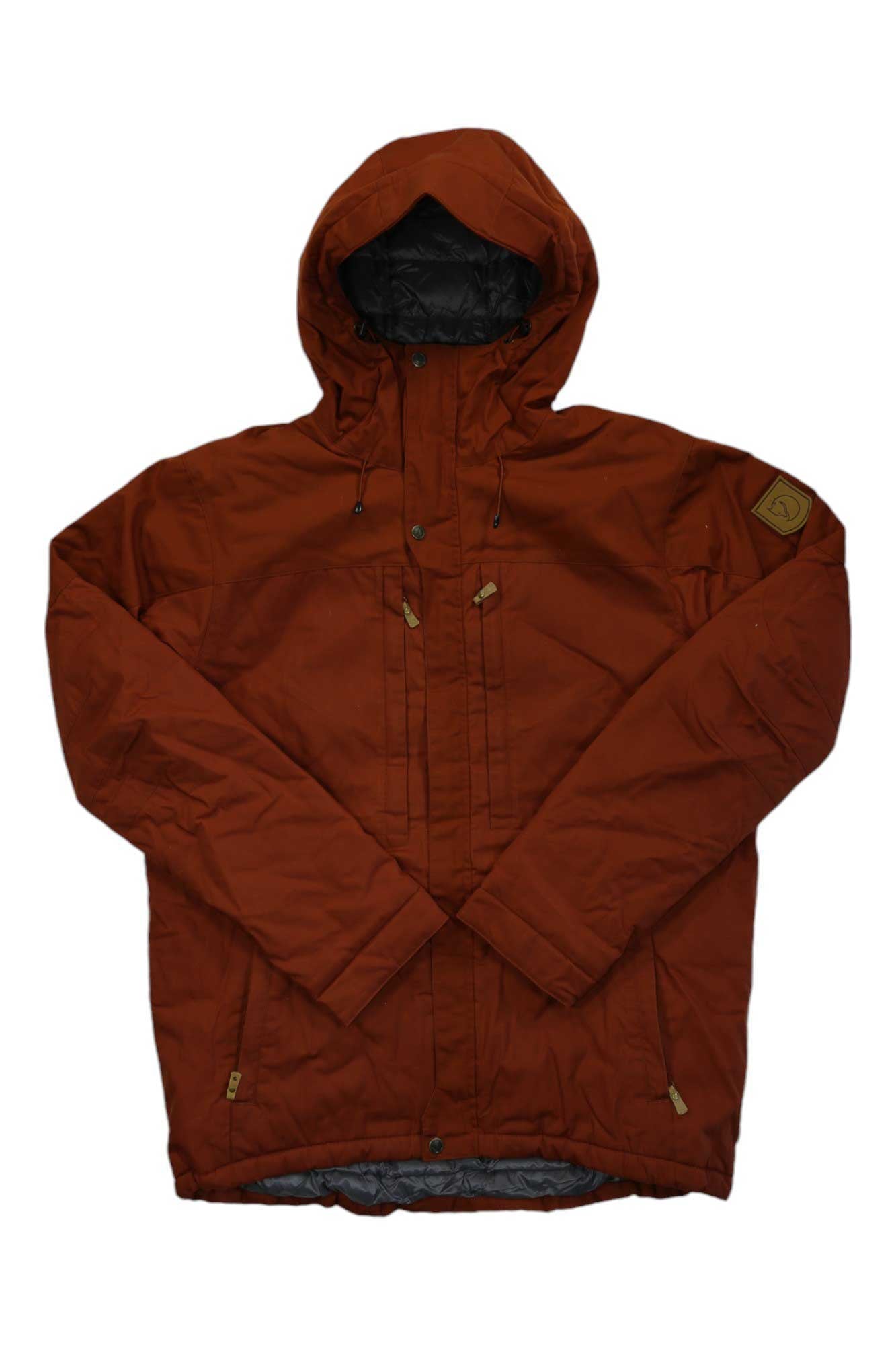 Dark brown padded insulated jacket with attached hood and front zipper
