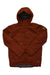 Dark brown padded insulated jacket with attached hood and front zipper