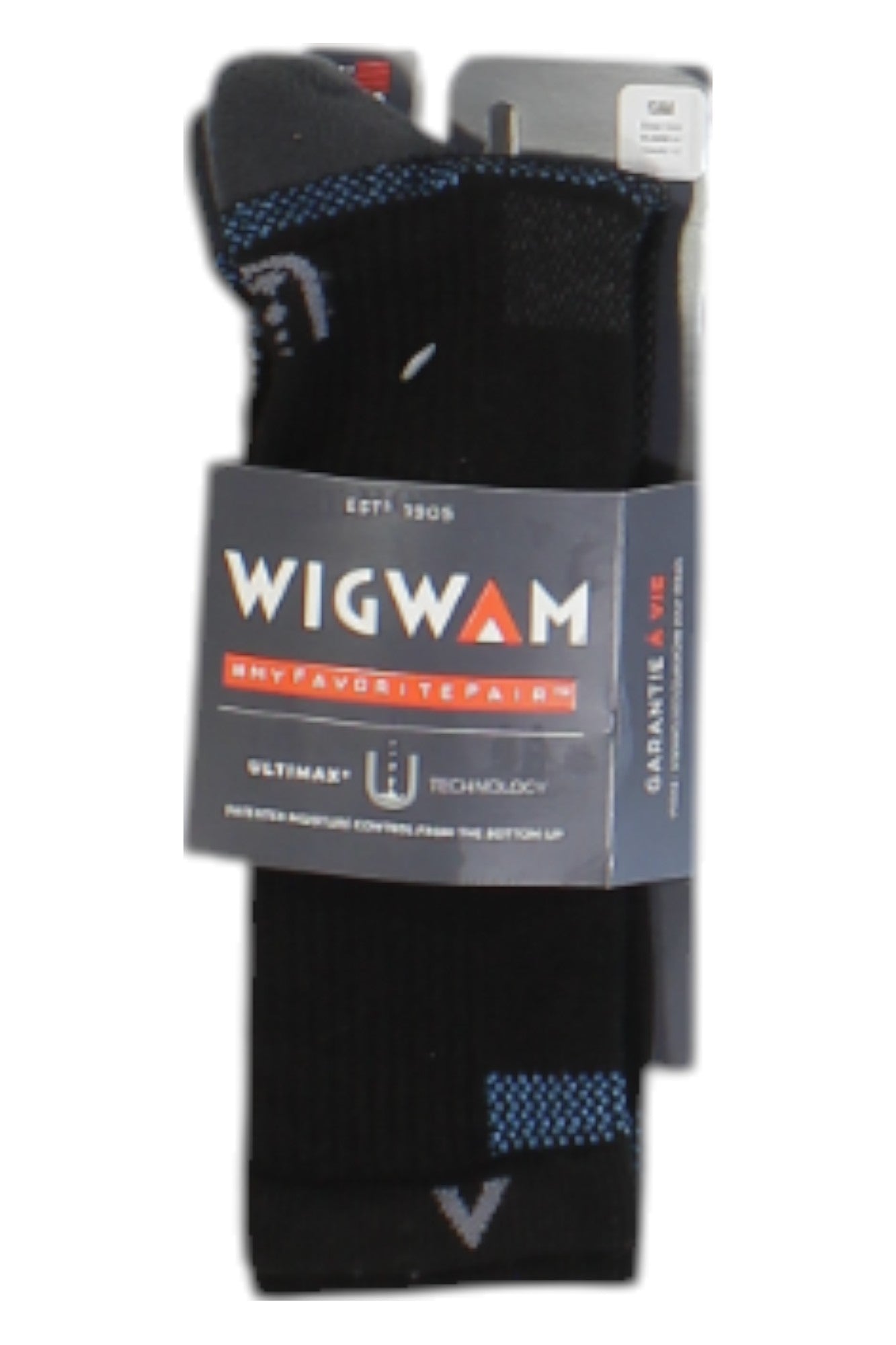 The Wigwam Ultra Cool-Lite Crew Sock in black with blue accents, labeled My Favorite Pair and Ultimate, features moisture-wicking for outdoor performance and comes in retail packaging.