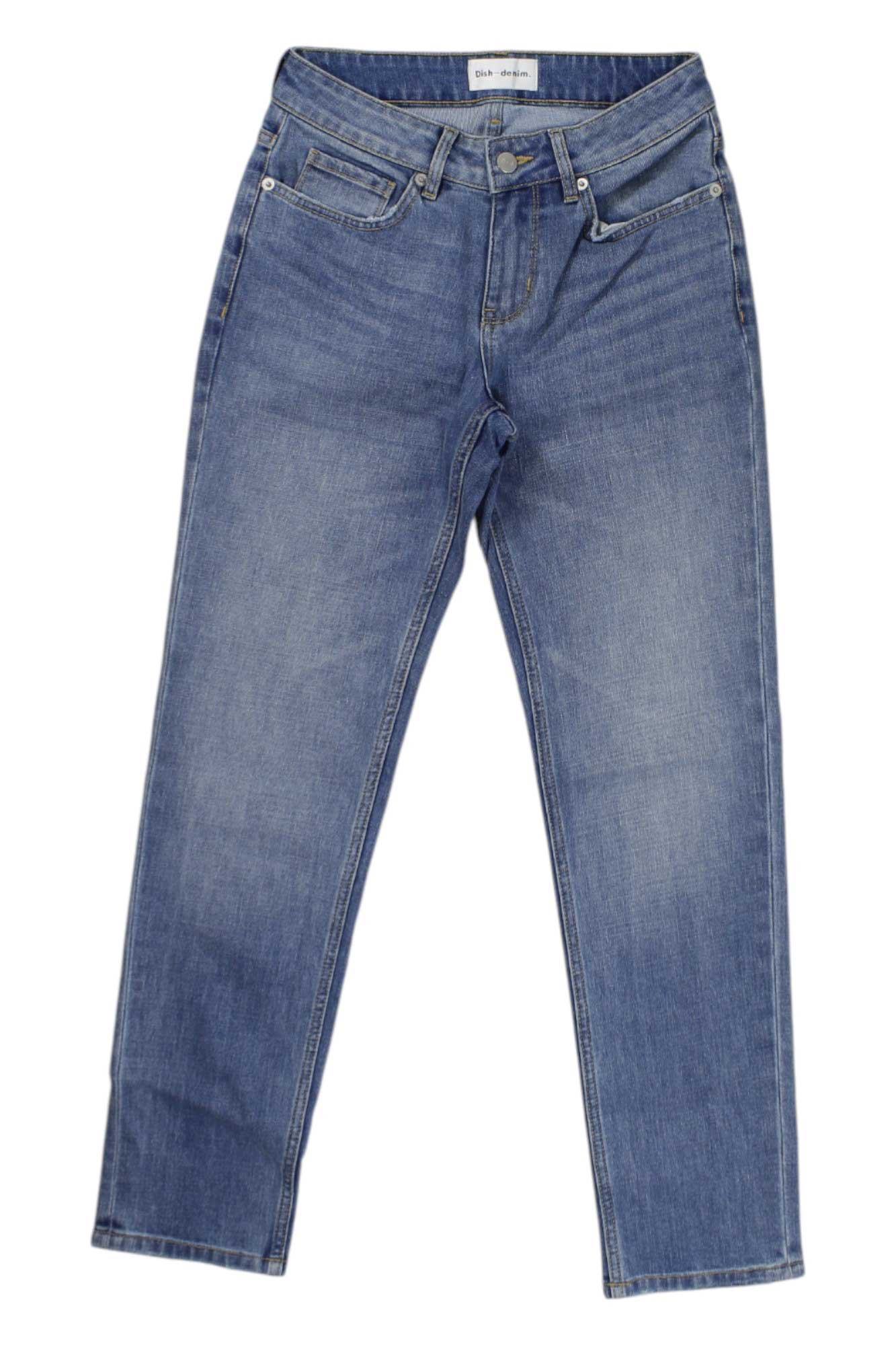 The dish Womens Straight Leg Jean in classic blue denim features durable fabric, button and zip fly, and front and back pockets—ideal for outdoor adventures. Laid flat on a white background.
